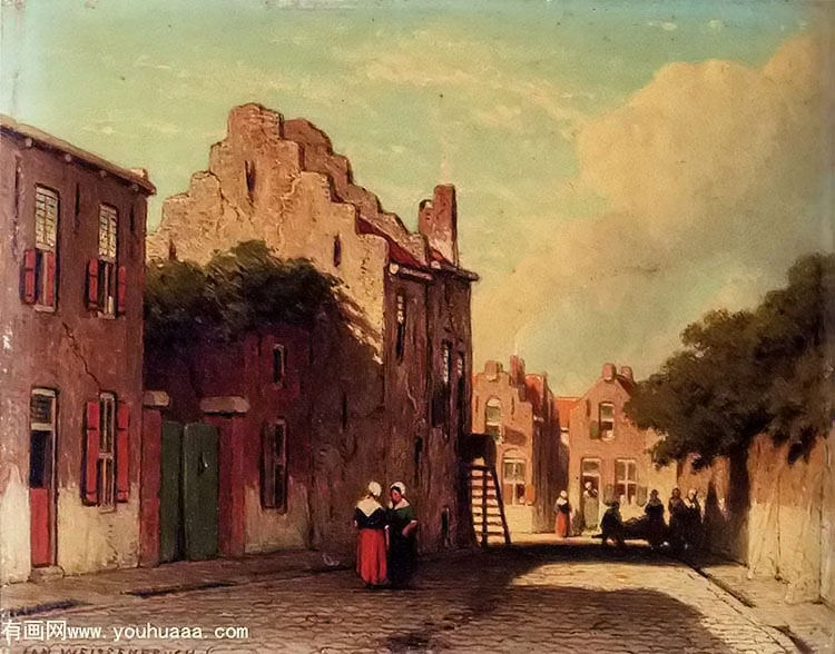 a sunlit townview with figures conversing