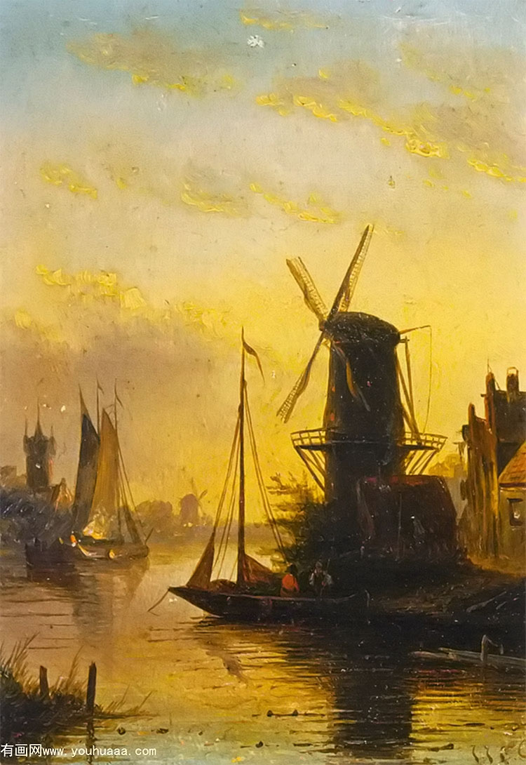 a summer landscape with a windmill at sunset