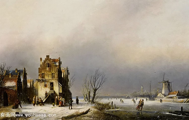 a winter landscape with skaters near a village