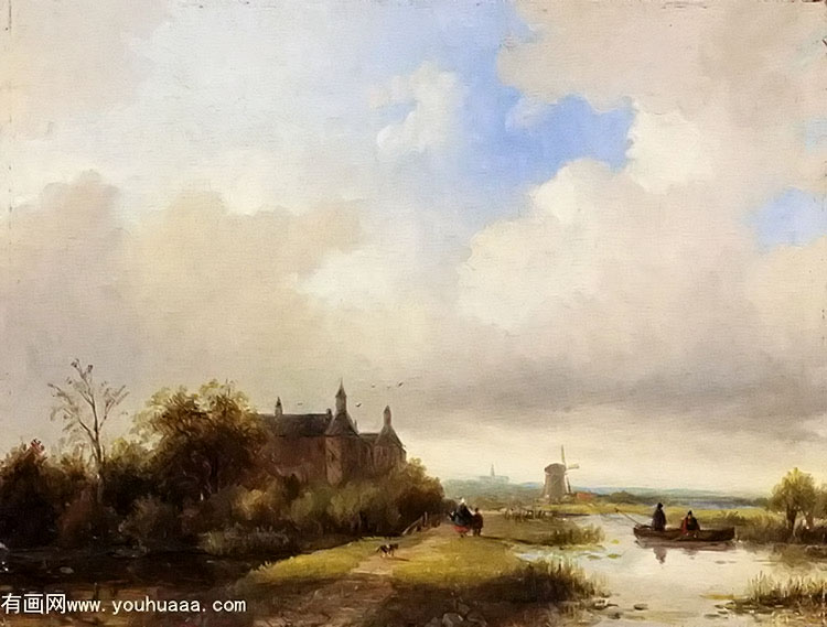 travellers on a path, haarlem in the distance