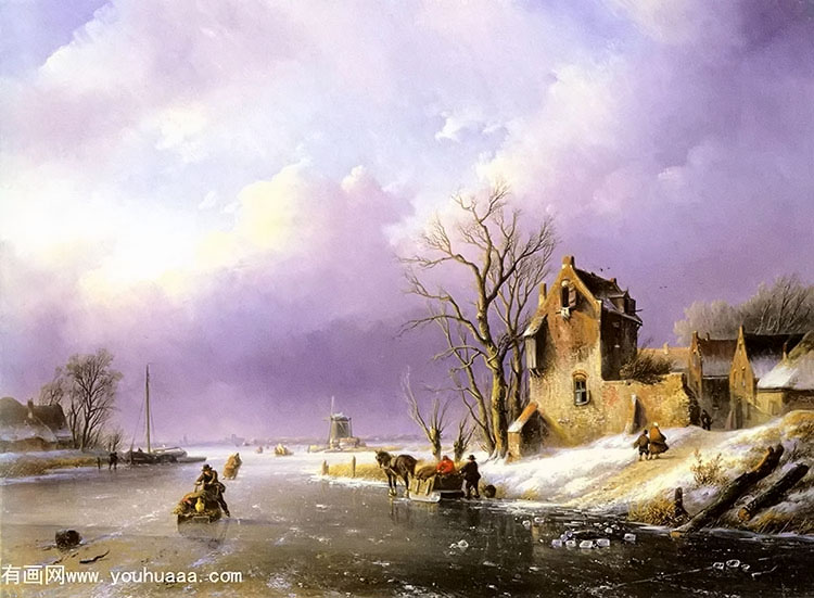 winter landscape with figures on a frozen river