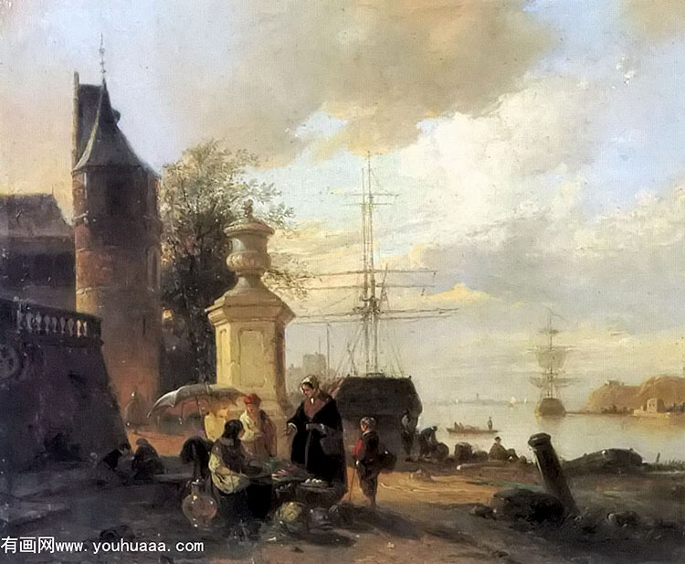 figures at a market stall by a harbour