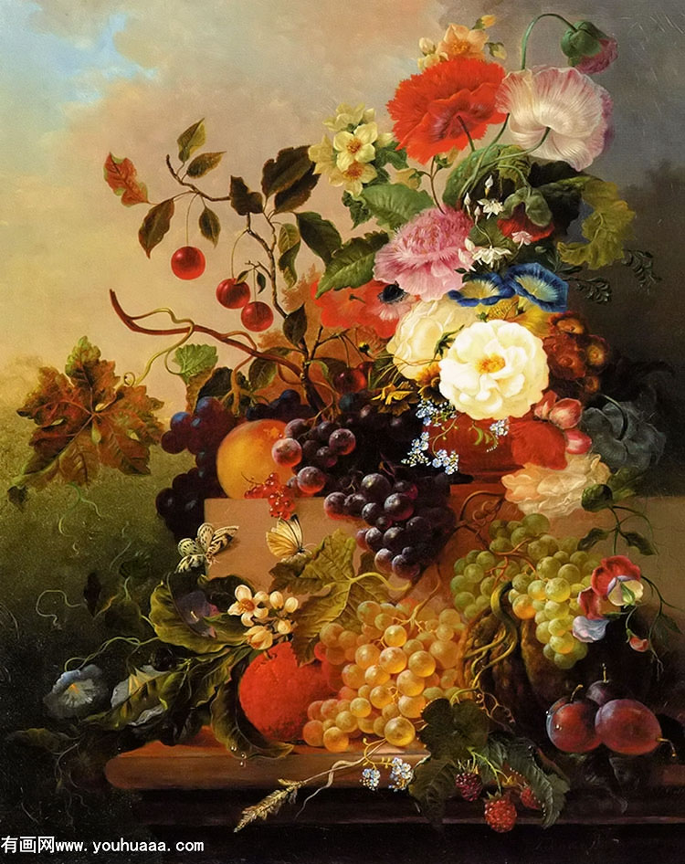 poppies peonies roses and other flowers with grapes cherries plums on a marble ledge