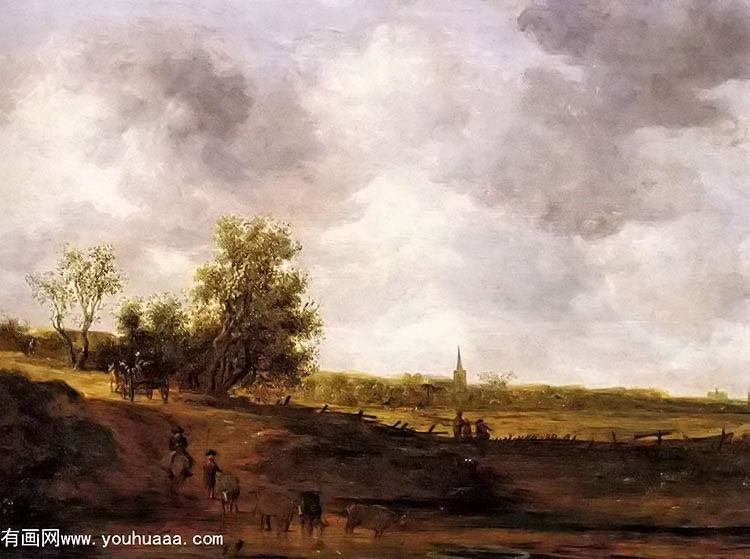 a rural landscape with peasants and a drover by a track, a village beyond