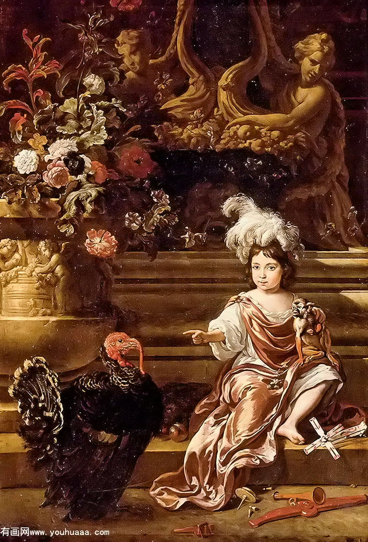 к̨ϣųһֻ𼦣ǵоʻ - a boy seated on a terrace with his pet monkey and a turkey, a still life of flowers in a sculpted urn at left