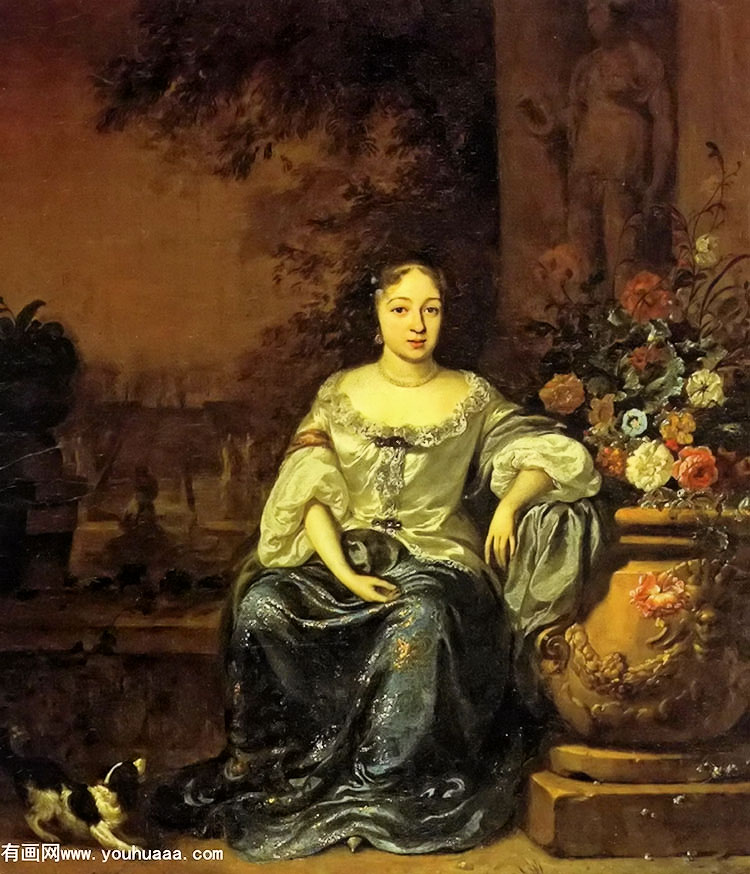 Ůʿȫ񣬻԰кСһ - a portrait of a lady seated small full length in a garden with her dog