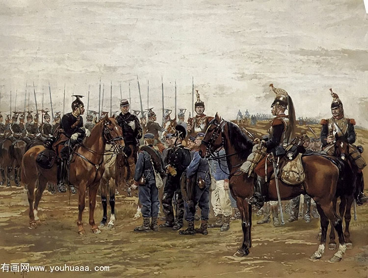 a french cavalry officer guarding captured bavarian soldiers