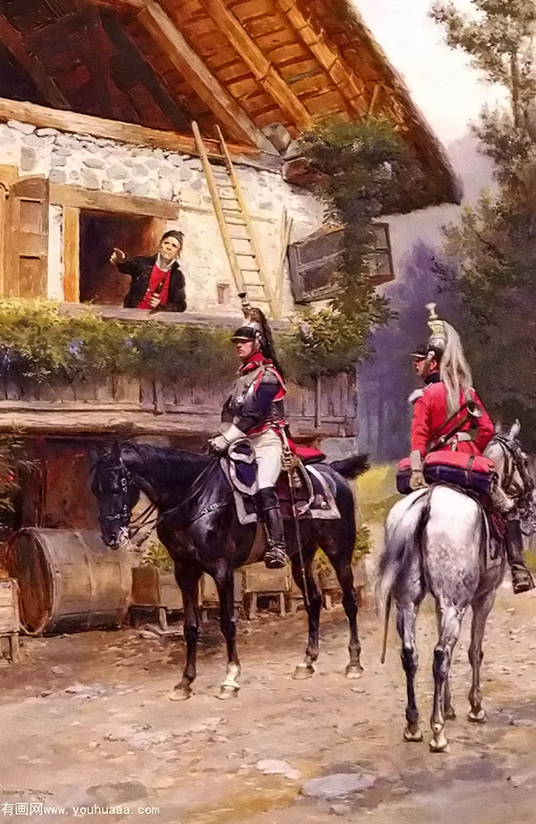 officers from a cuirassier regiment in front of a country house