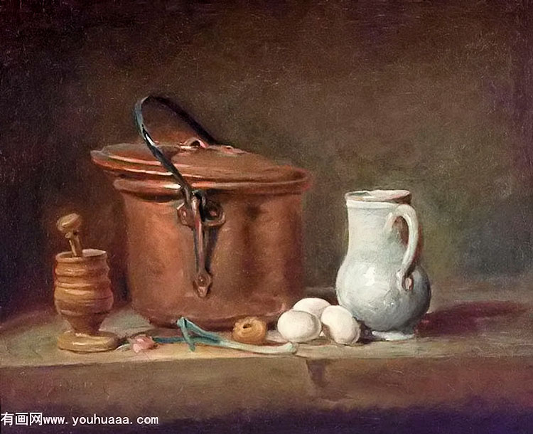 :ͭв - still life with copper pan and pestle and mortar