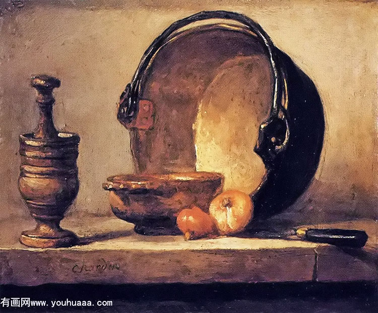 :룬ͭкһѵ - still life with pestle, bowl, copper cauldron, onions and a knife