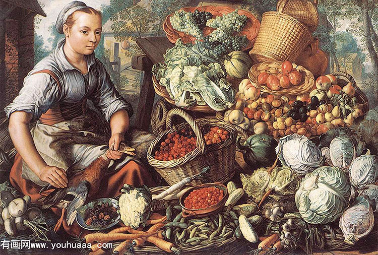 market woman with fruit, vegetables and poultry