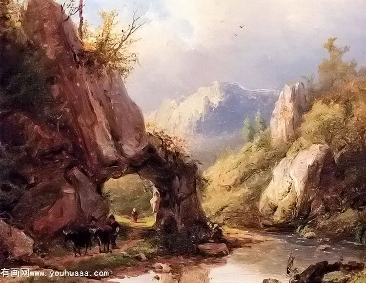 a mountain valley with a peasant and cattle passing along a stream