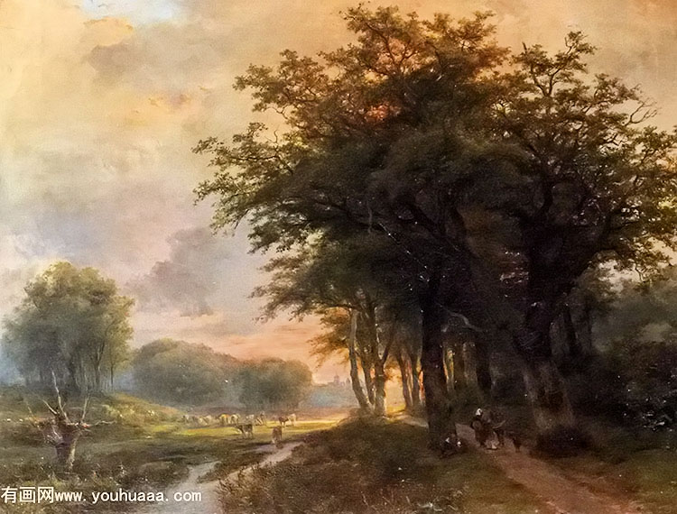 126x99 - a wooded river valley with peasants on a path, cattle in a