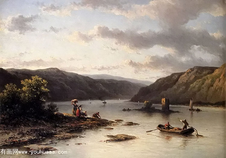 a rhenish river landscape with fishermen in a boat and washerwomen on a bank