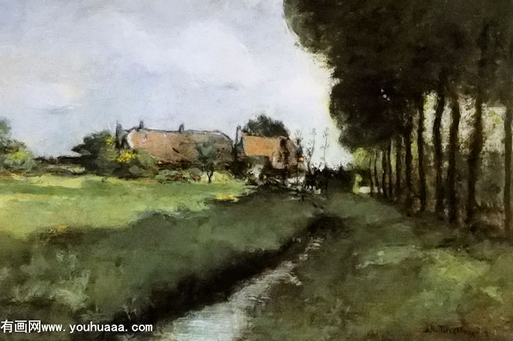 landscape with houses and stream