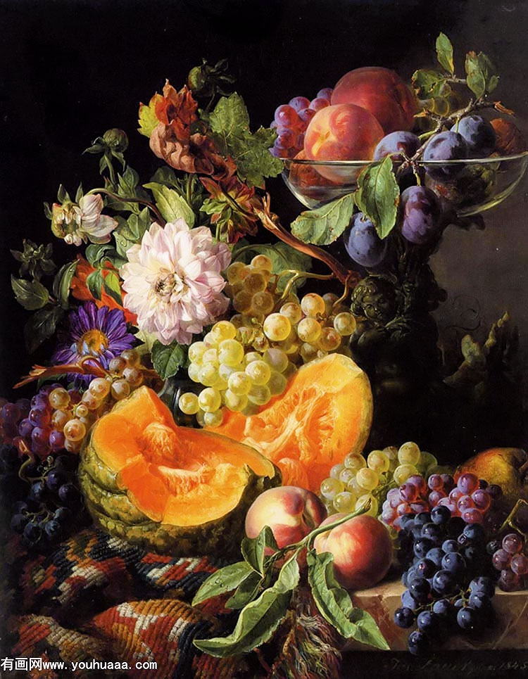 Peaches Plums Grapes and Melon With Autumn Flowers on a draped marble ledge