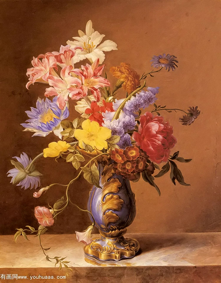 flowers in a blue vase