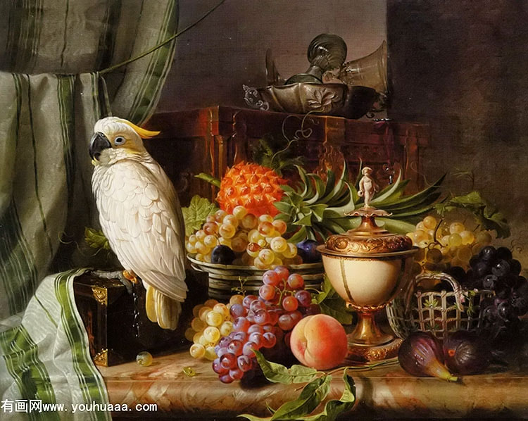 a cockatoo grapes figs plums a pineapple and a peach with other objects on a marble ledge