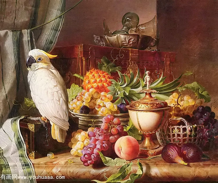 :ˮ - still life with fruit and a cockatoo