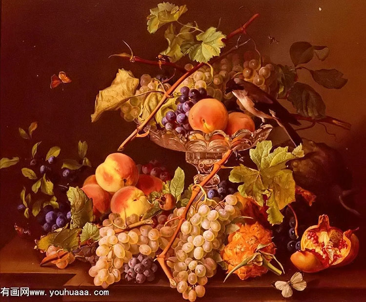 :ˮеˮ - a still life with song bird and fruit in a crystal tazza