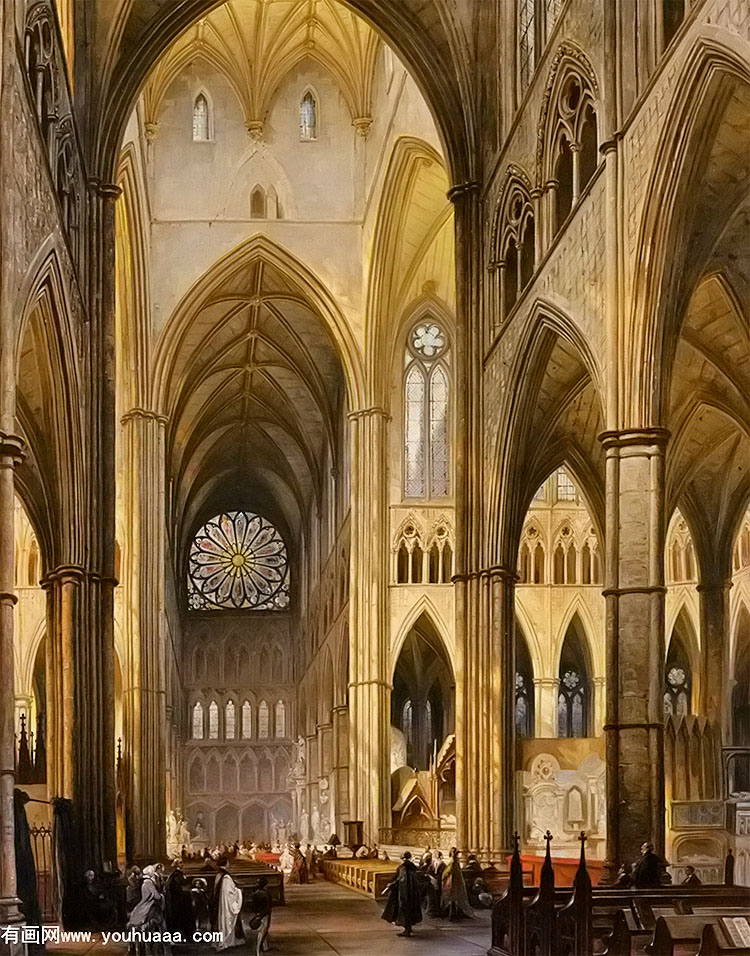 figures in the interior of a cathedral