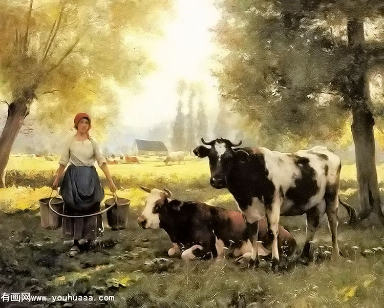 a milkmaid with her cows on a summer day