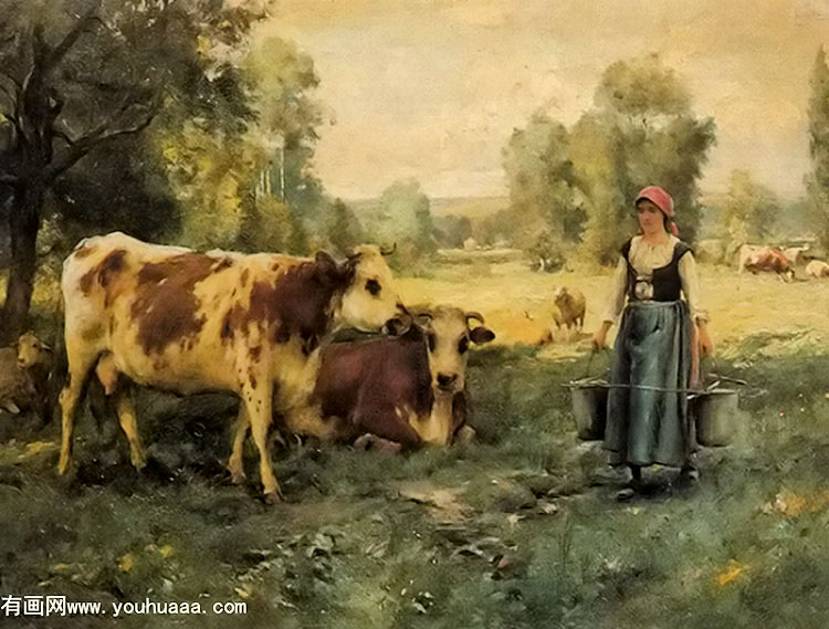 a milk maid with cows and sheep