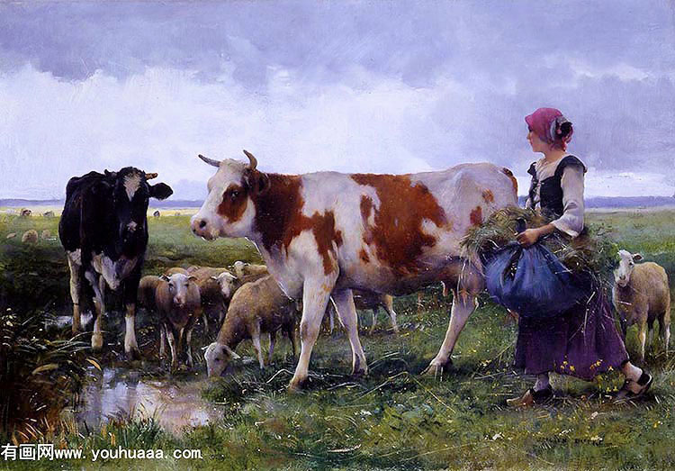 peasant woman with cows & sheep