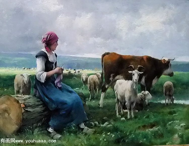 shepherdess with goat, sheep and cow