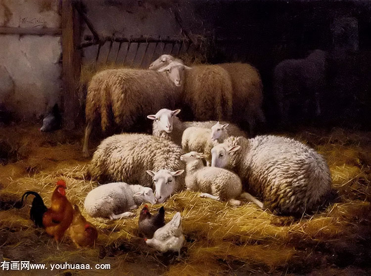 sheep and chickens in a farm interior