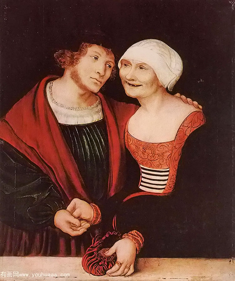 amorous old woman and young man