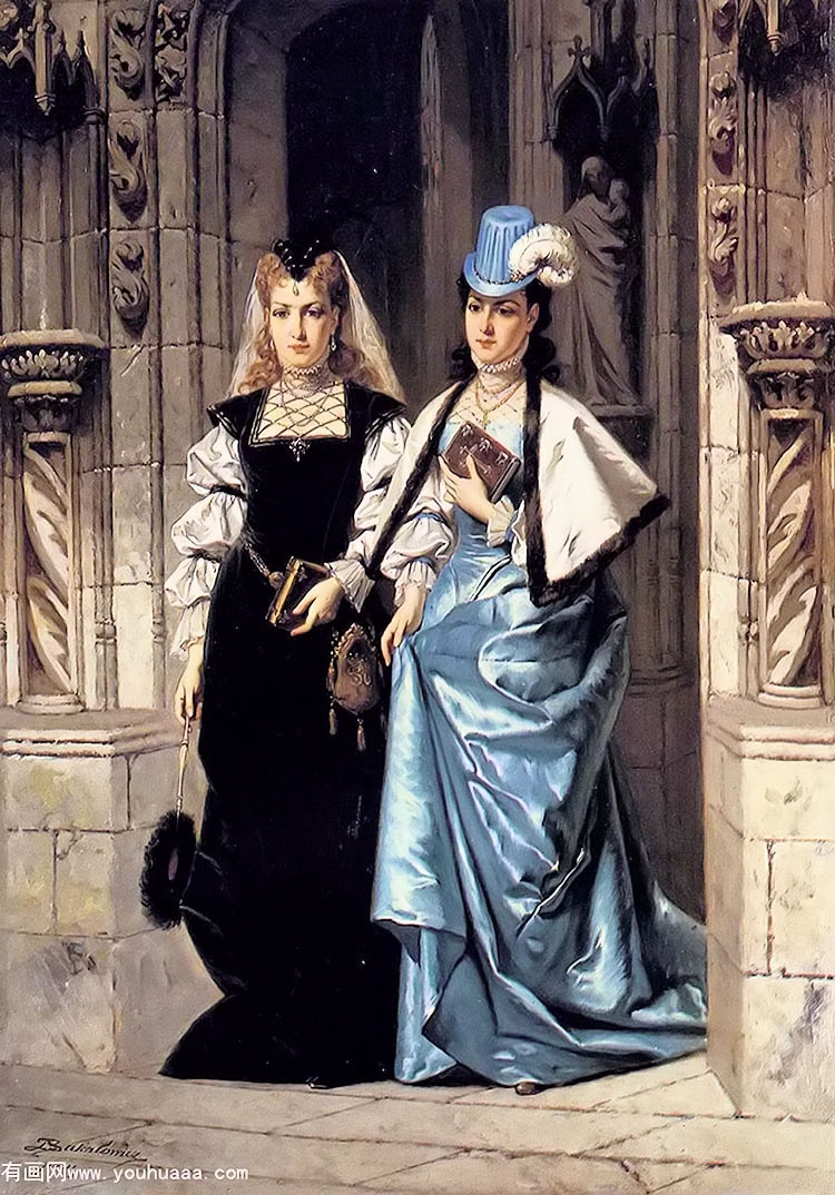 two elegant ladies leaving a church