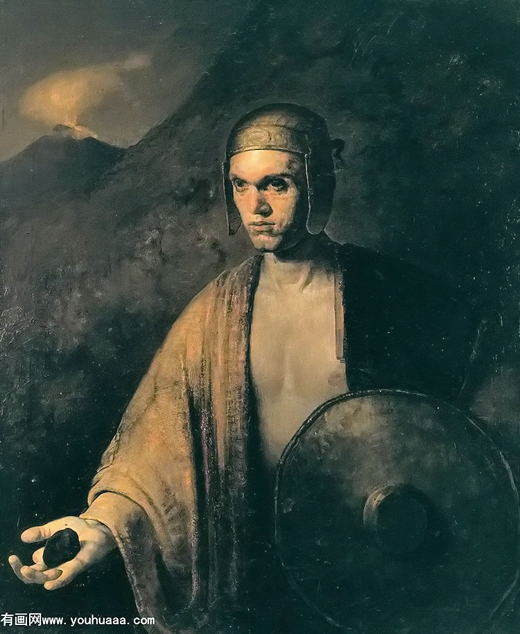 man with a shield and stone