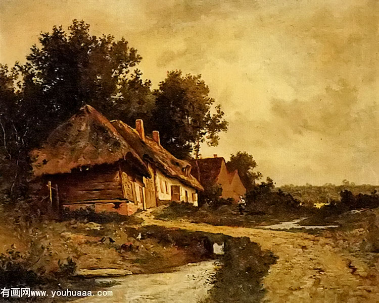 cottages by a stream