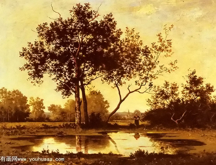 figure beside a pool in a wooded landscape