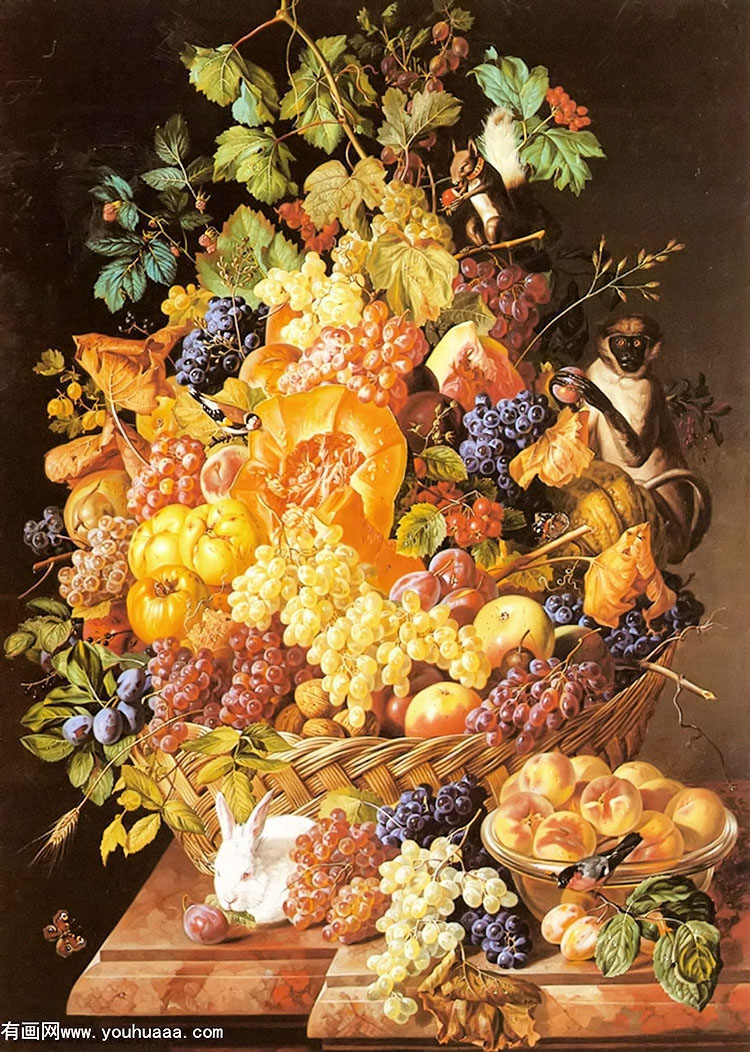 a basket of fruit with animals