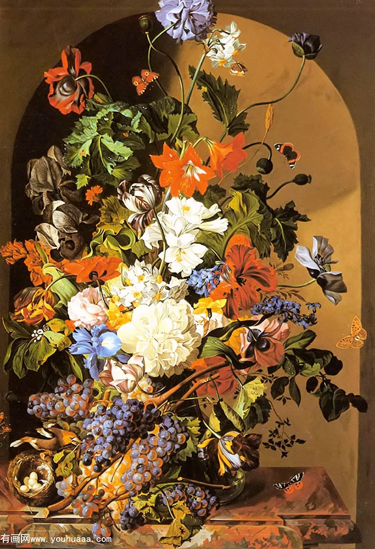 : - a still life with flowers and grapes