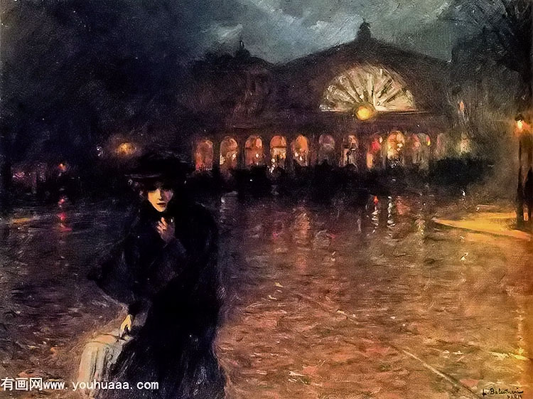 a woman on a paris street at evening