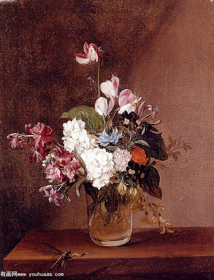 :ƿеĻ - still life with garden flowers in a glass vase and a dragonfly