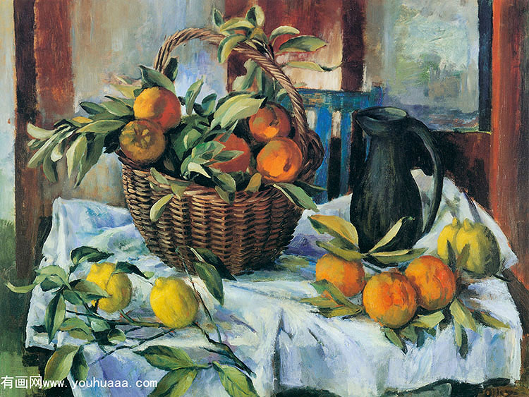 basket of oranges lemons and jug