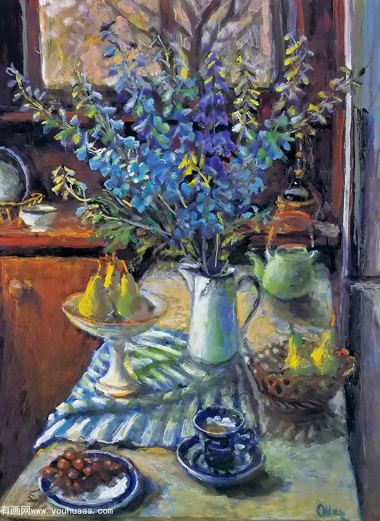 delphiniums and pears