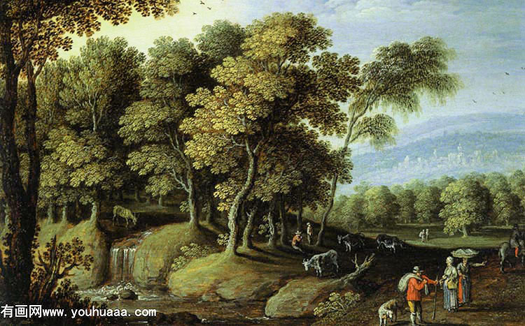 a clearing in a forest with cattle watering at a pool and peasants on a road in the foreground