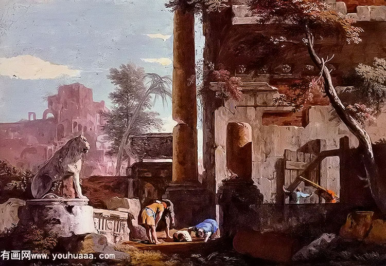 an architectural capriccio with figures, a man drinking from a fountain