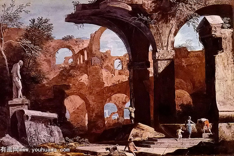 an architectural capriccio with figures investigating a tomb amongst ruins