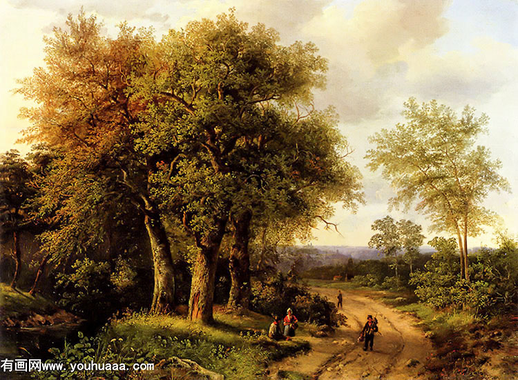 travellers resting on a wooded path