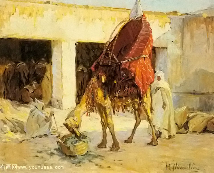 arabs and camels in a courtyard