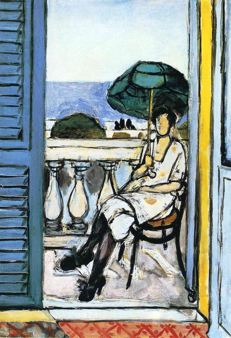 Woman with a Green Parasol on a Balcony