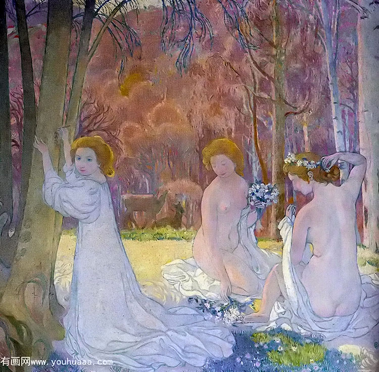 figures in a spring landscape (sacred grove)