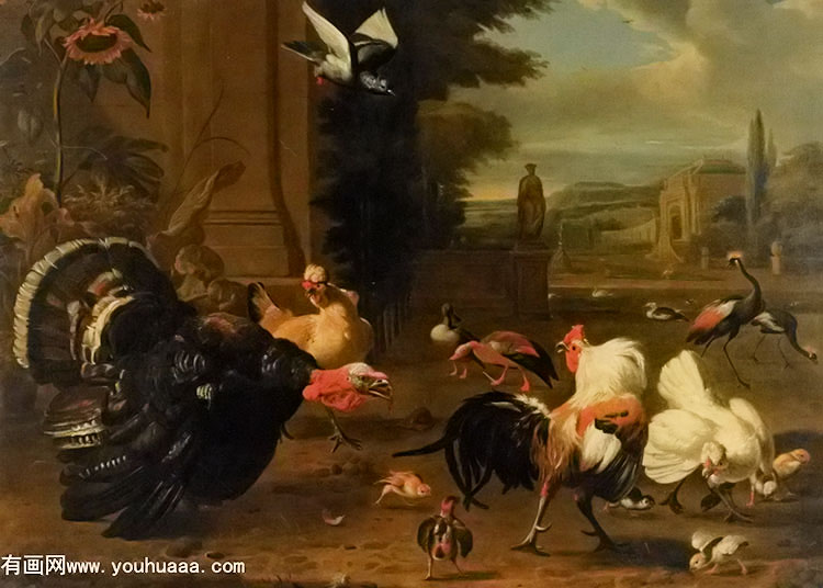 a palace garden with exotic birds and farmyard fowl