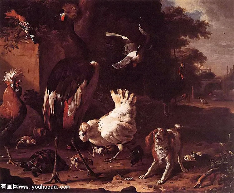 birds and a spaniel in a garden